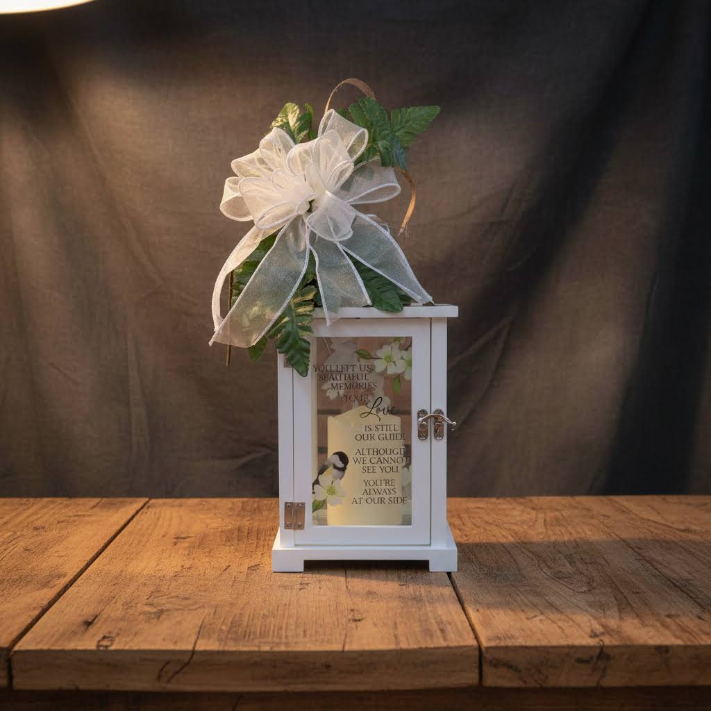 White memorial lantern with ribbon and greenery on a wooden surface