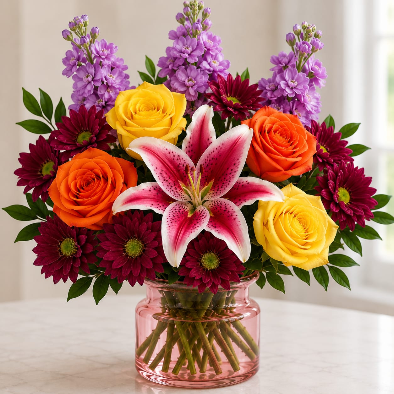 Sunset Garden Luxe - Bold, vibrant, and full of personality — this stunning arrangement is designed to make a statement. Featuring a striking stargazer lily, 2 bright yellow roses, 2 rich orange roses, lush burgundy daisy mums, and lavender stock, this design blends warm sunset tones with soft floral accents for a look that feels both energetic and refined.  The mix of yellow and orange roses brings a sense of joy and celebration, while the stargazer lily adds a premium focal bloom with a light, beautiful fragrance. Deep burgundy mums create contrast and depth, and the lavender stock adds height and a soft, garden-style finish.  Perfect for birthdays, celebrations, congratulations, or sending something truly eye-catching, this arrangement is made to stand out the moment it arrives.