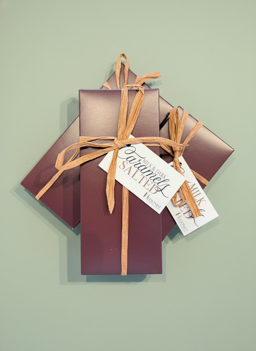 Hedonist Artisan Chocolates - Milk &amp; Dark Salted Caramels - 10 Piece Box of Milk &amp; Dark Salted Caramels made locally by Hedonist Artisan Chocolates!