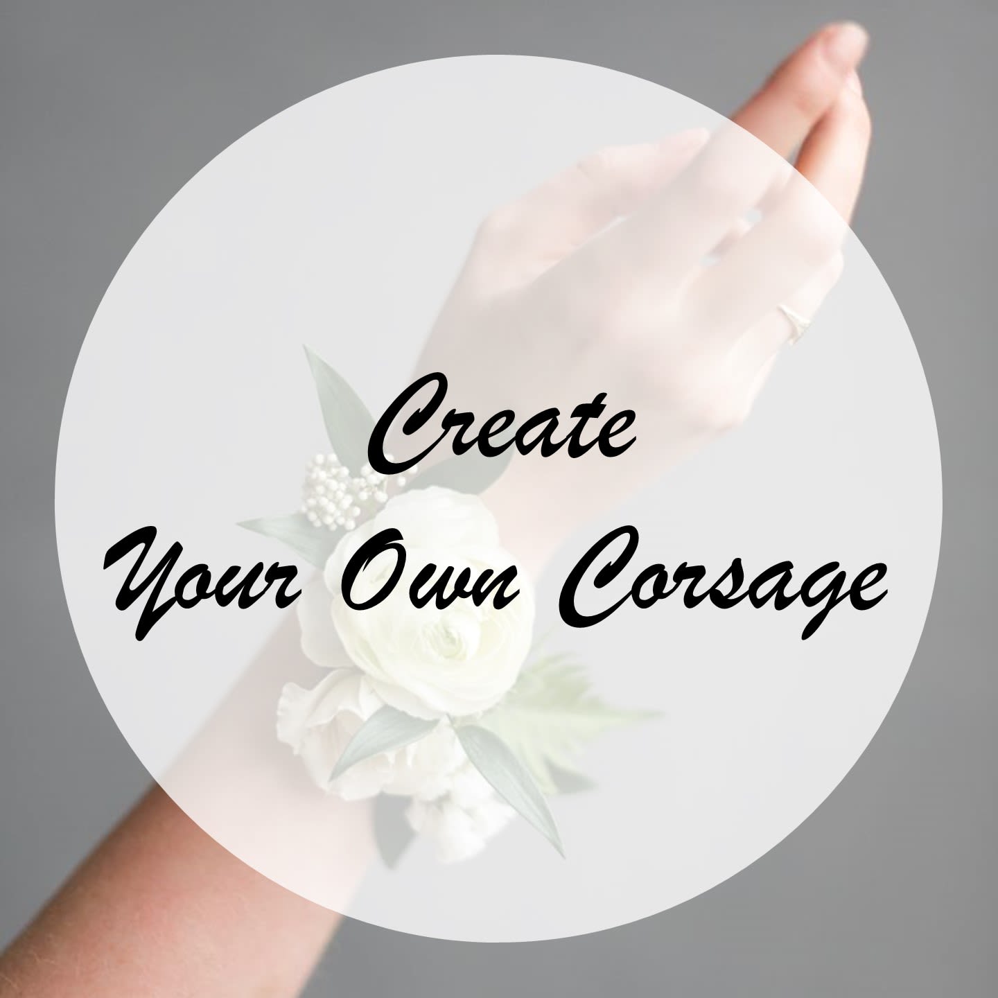 Hands holding a white corsage with small flowers