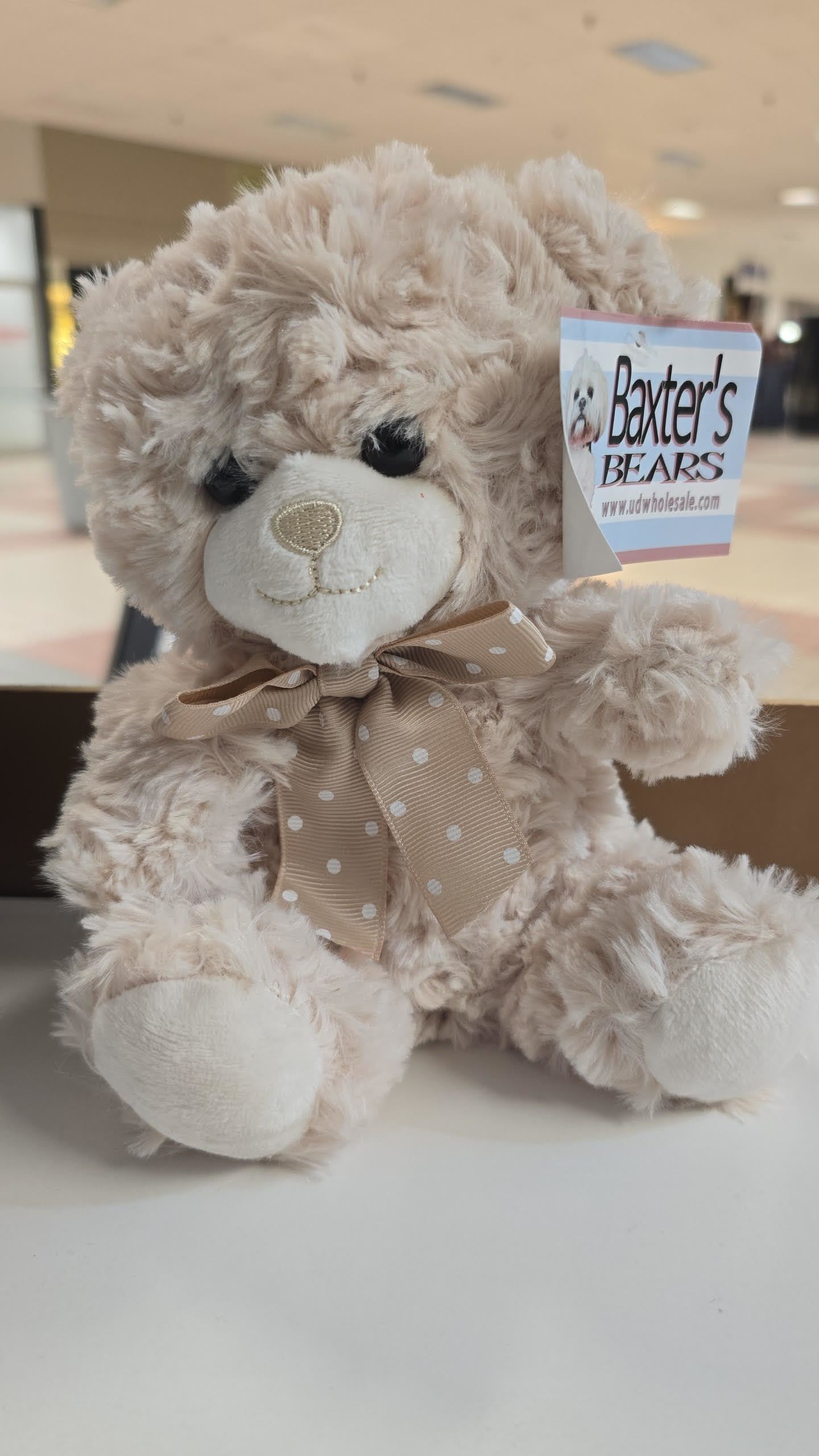 Plush teddy bear with a polka-dot ribbon bow and hanging tag