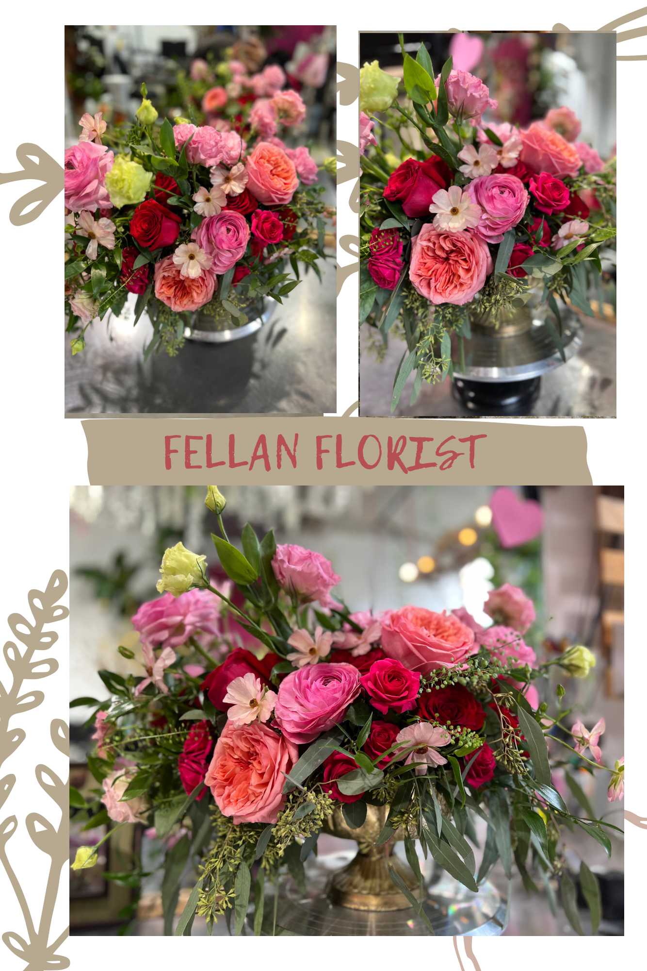 Pink and red rose bouquet in a gold vase