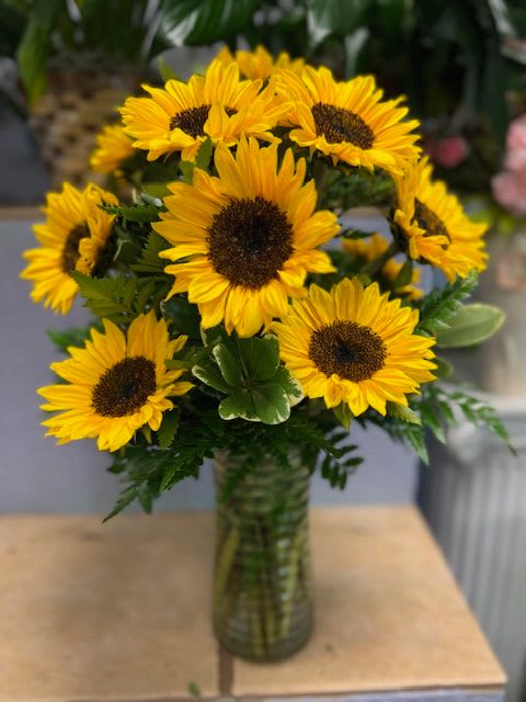 Sunflower Bouquet - Brighten up a table, send get well wishes, or simply sprinkle sunshine on someone's day with this beautiful flower arrangement. Bold sunflowers are arranged in a glass vase.