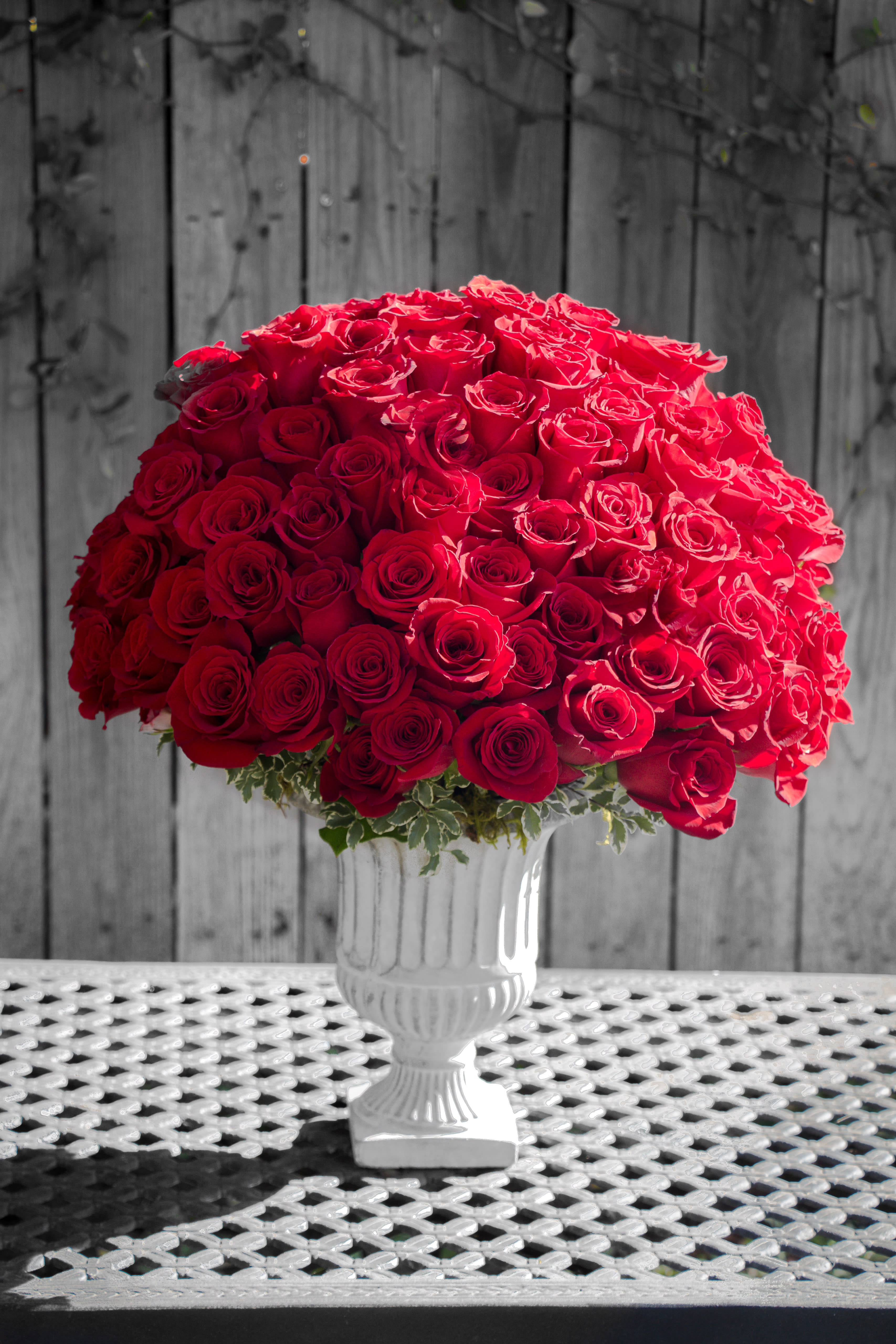 Large bouquet of red roses in a white pedestal vase