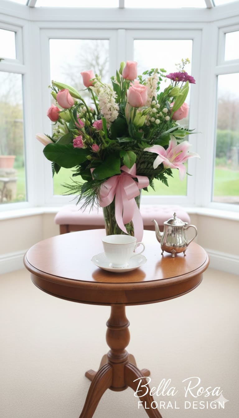Pink and white floral arrangement in a clear glass vase on a table
