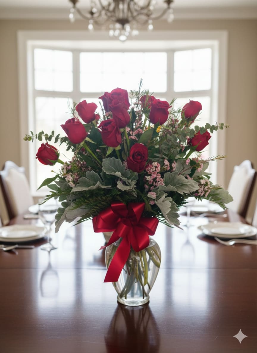Red roses arranged in a clear glass vase with a red ribbon