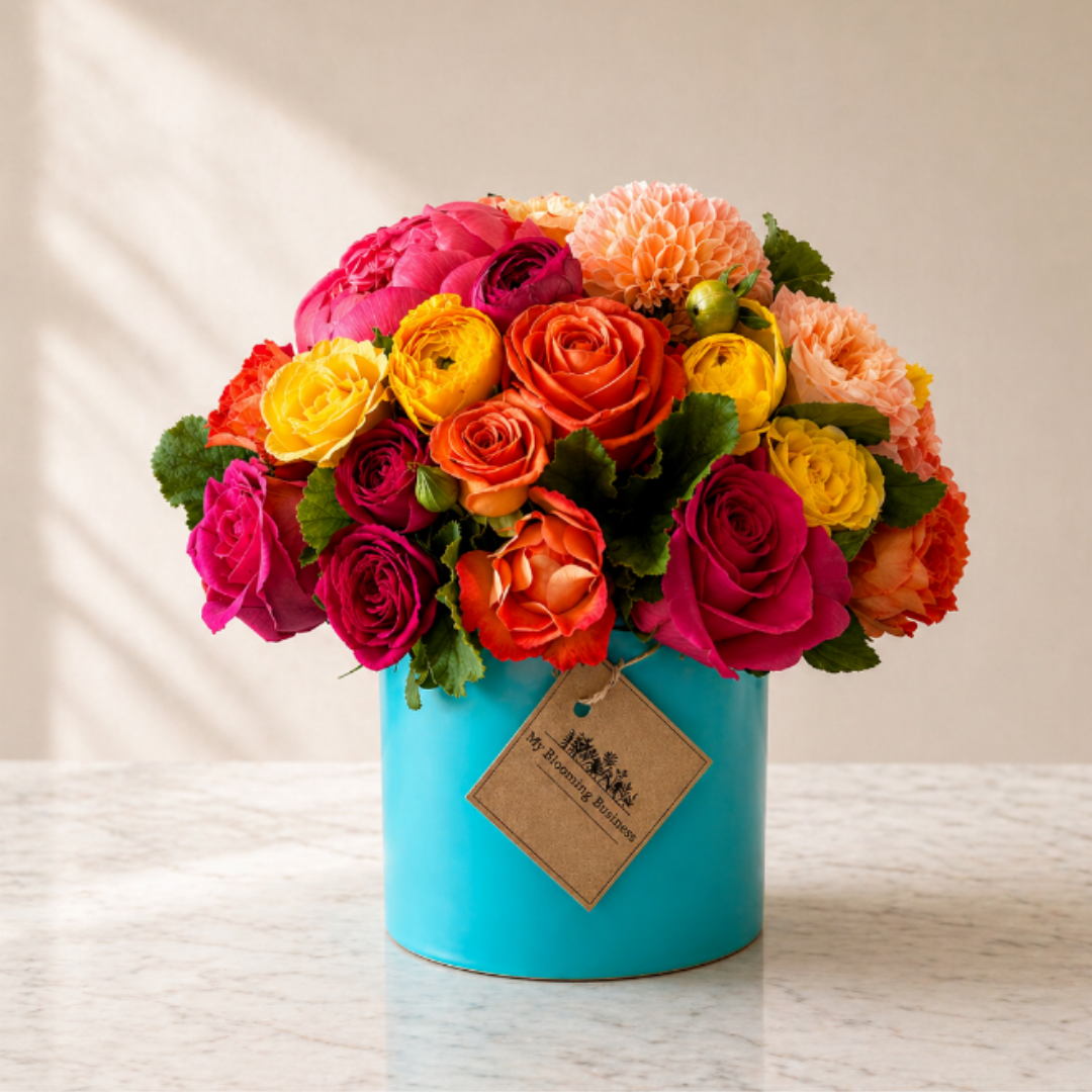 Summer Radiance – Cheerful Summer Flowers (Los Angeles Florist) - Summer Radiance Arrangement Bring sunshine indoors with our Summer Radiance Arrangement by My Blooming Business. Bursting with vibrant, bold blooms in a stylish aqua ceramic vase, this joyful floral design features a radiant mix of pink roses, pink peonies, pink tulips, yellow spray roses, peach roses, golden yarrow, and lush seasonal greenery.  Perfect for brightening a someone sick, celebrations, or simply saying “you matter,” this cheerful arrangement captures the warmth and beauty of summer in every petal.  Available for same-day flower delivery in Los Angeles, this best-selling floral gift adds instant color and happiness to any space.