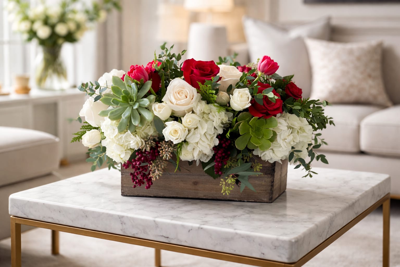 Arrangement of red and white roses in a wooden box