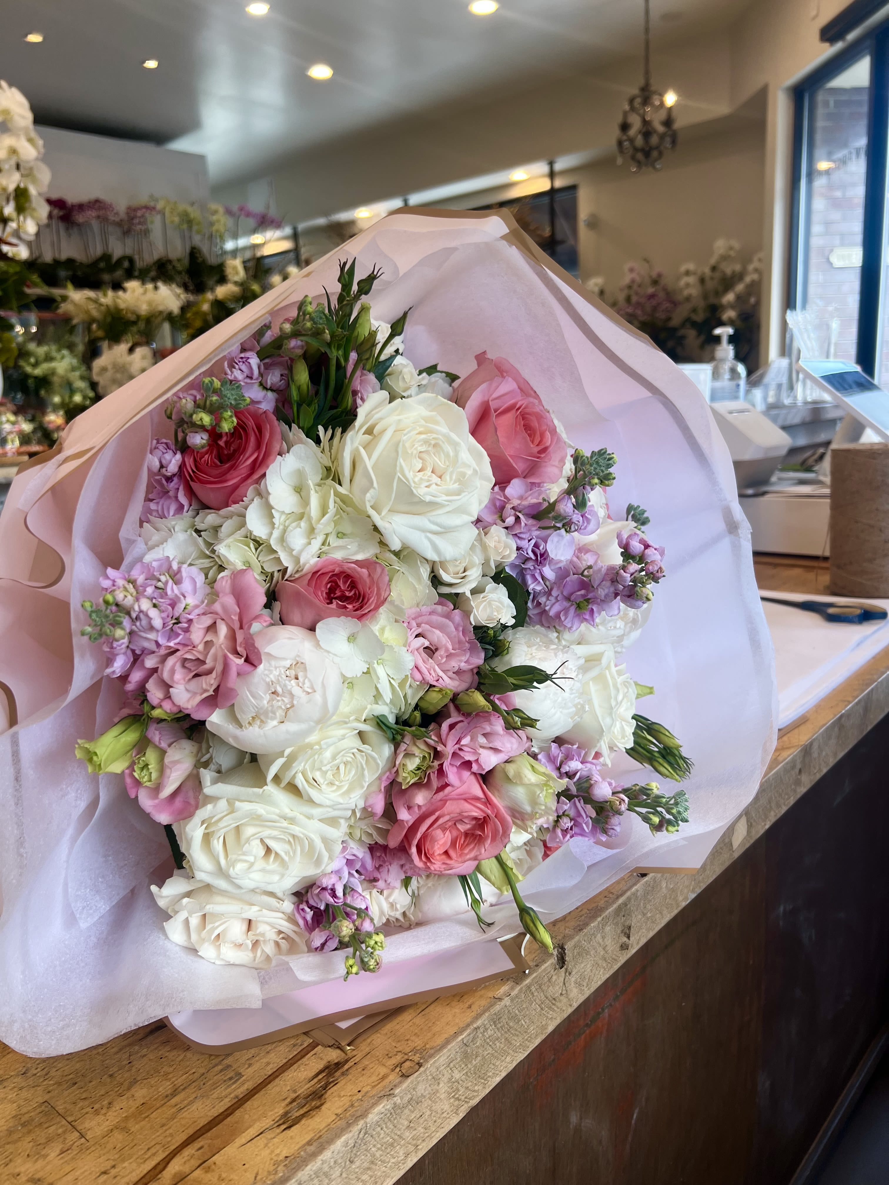 You Make Me Blush Bouquet  - Flower Bouquet: white hydrangea, pink garden roses, white roses, white peonies, pink stock, pink lisianthus, and white spray roses wrapped in beautiful pink paper. 