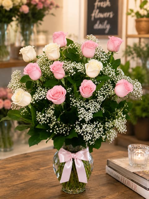 Pink Dozen Vase  - A soft and elegant twist on a timeless classic, this romantic vase arrangement features 12 premium pink and white roses beautifully accented with baby’s breath and lush greenery. Designed in a clear glass vase and finished with a soft satin ribbon.