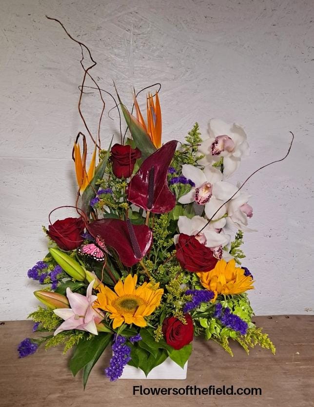 Tropical floral arrangement with roses, orchids, and sunflowers in a white container
