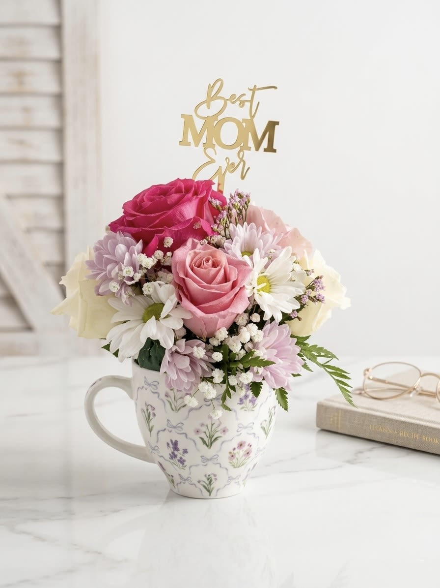 Mom's Cup of Love - Surprise her with Mom’s Cup of Love, an elegant floral arrangement nestled in a vintage-inspired porcelain mug. This stunning bouquet features a vibrant mix of premium pink roses, delicate white daisies, and soft lavender blooms, accented with airy baby's breath for a classic, garden-fresh look. Designed as a two-in-one gift, the charming floral-patterned vessel serves as a functional keepsake mug long after the flowers have bloomed, becoming her new favorite "Mom’s Cup" for morning tea or coffee. This handcrafted centerpiece is the perfect Mother’s Day gift or birthday surprise, offering a high-quality, ready-to-gift treasure that brings sophisticated warmth to her favorite nook.