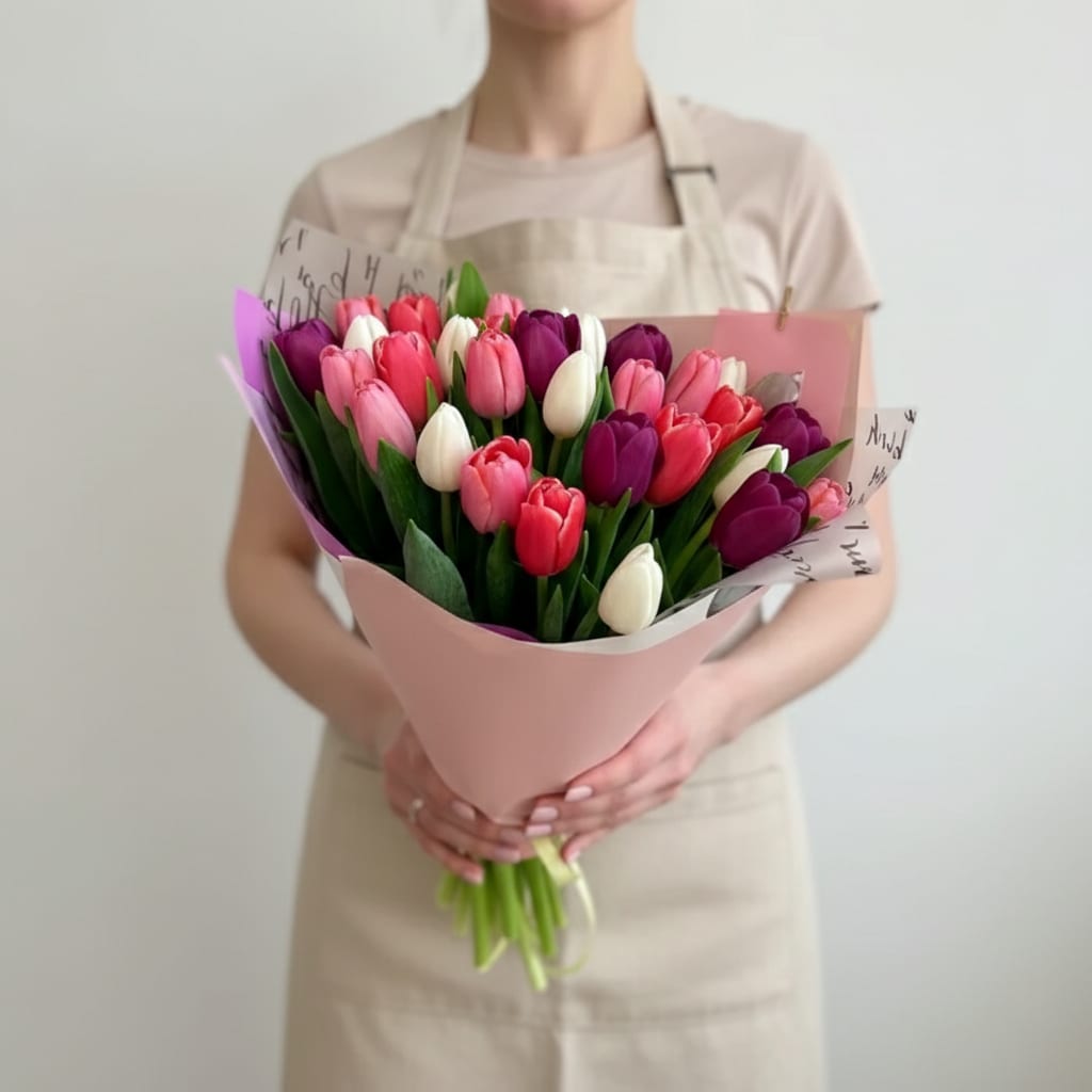 Bouquet of pink, purple, and white tulips wrapped in pale pink paper