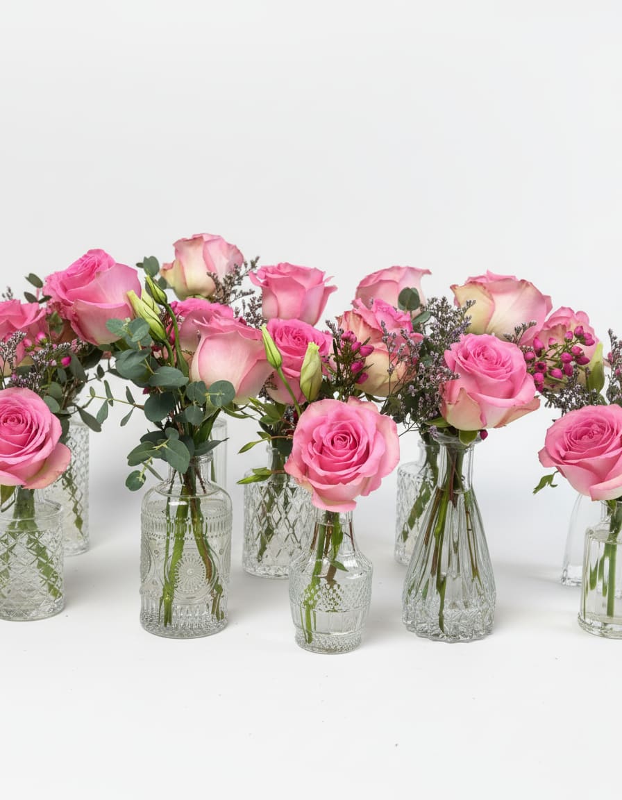 Multiple small glass bud vases holding pink roses and filler flowers against a white background