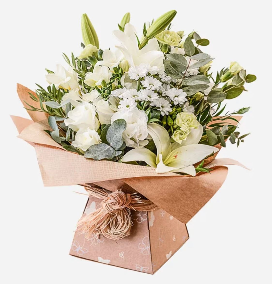 White floral bouquet in brown paper wrapping with a decorative gift box