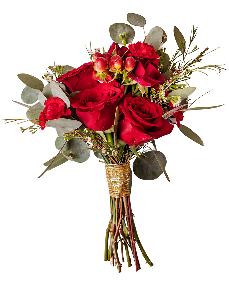 Bouquet of red roses with eucalyptus and small accent flowers