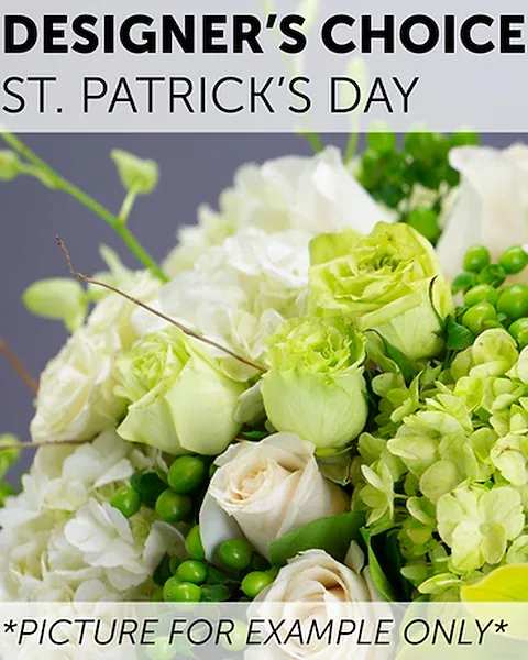 Green and white floral arrangement with roses and hydrangeas