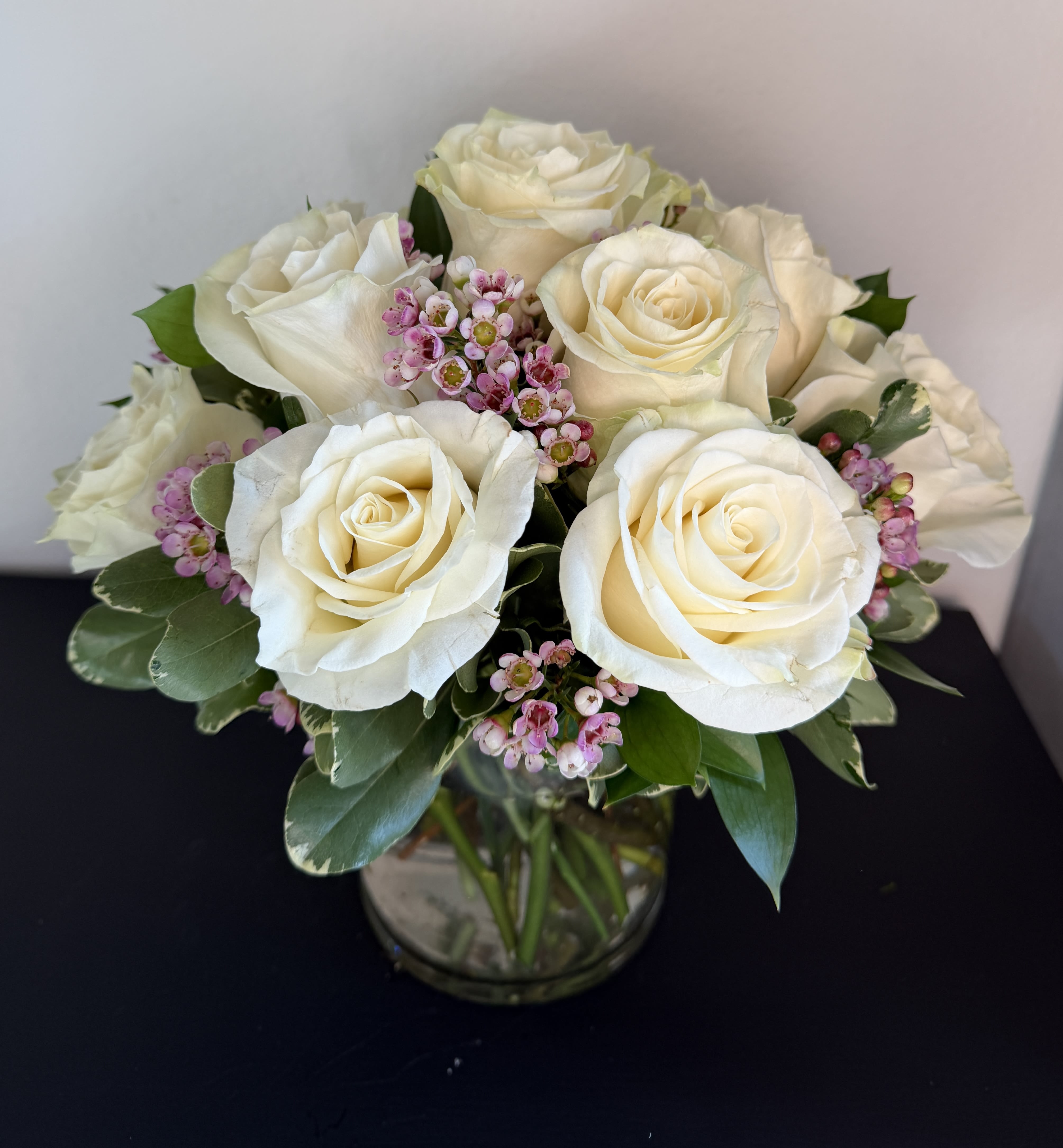 Modern Dozen White Roses - 12 premium white roses in a low and lush style