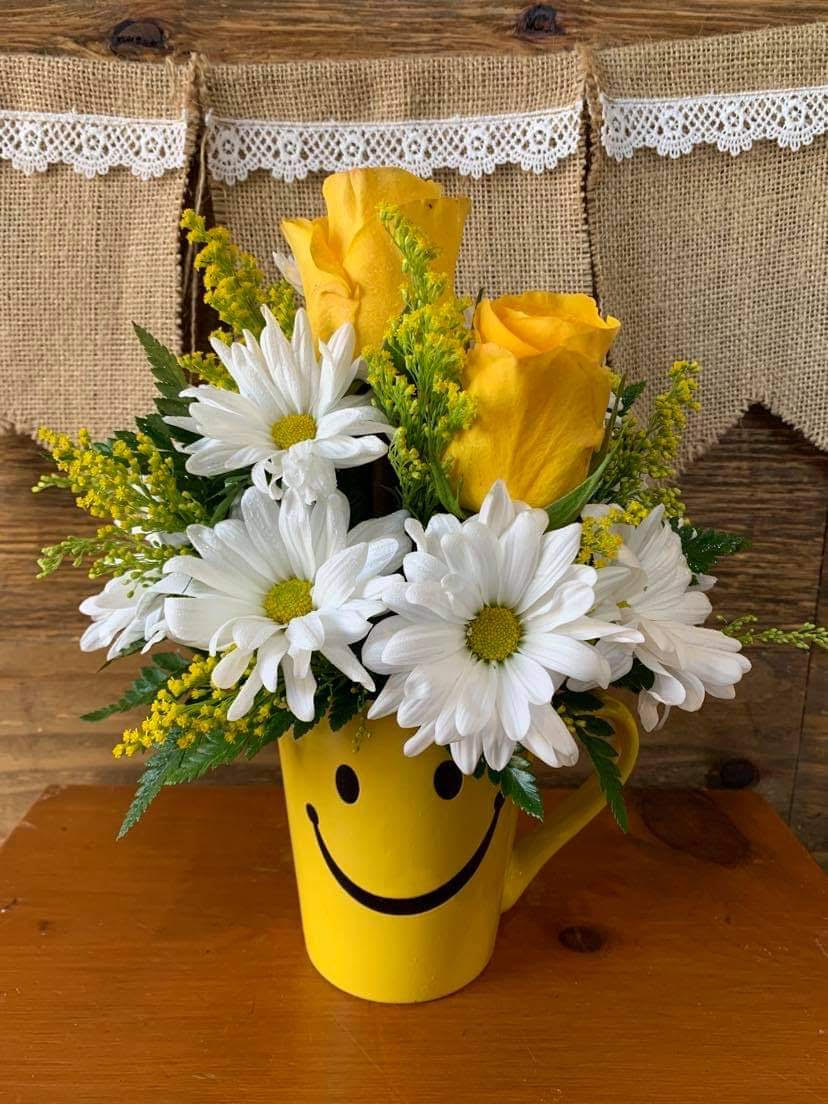 Smiley  - Cute Happy Face Mug filled with Daisies, Solidago and yellow Roses! 