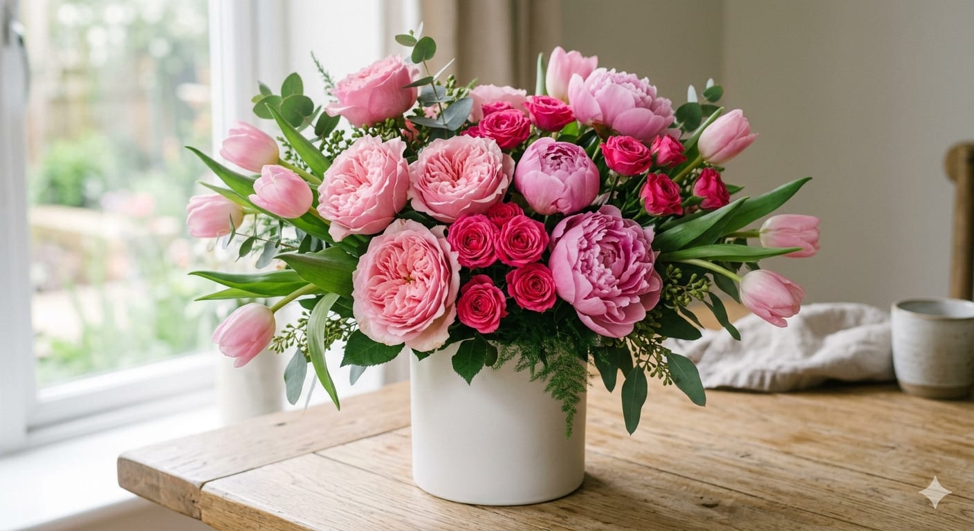 Mother's Day Designers Choice - A beautiful handmade arrangement of Premium Florals for the Mom in your life. Includes flowers such has Garden Roses,  Premium and Spray Roses, Peonies, Tulips, Scabiosa and Ranunculus.