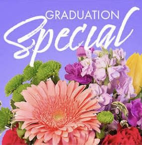 Colorful bouquet with a large pink gerbera daisy and mixed blooms on a purple graduation card