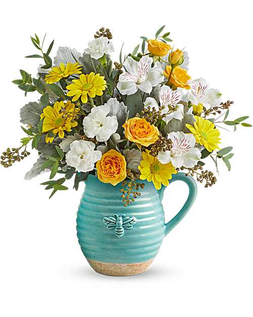 Bee Joyful - As bright and cheerful as a sunny day, Bee Joyful Bouquet overflows with fresh yellow and white blooms, beautifully arranged in a Busy Bee Pitcher. Adorned with charming bee details, this delightful stoneware keepsake is sure to bring joy long after the flowers bloom.