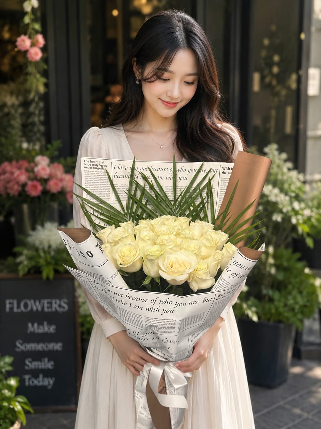 WHITE ROSES ROUND BOUQUET - 24 WHITE ROSES ROUND STANDING BOUQUET 