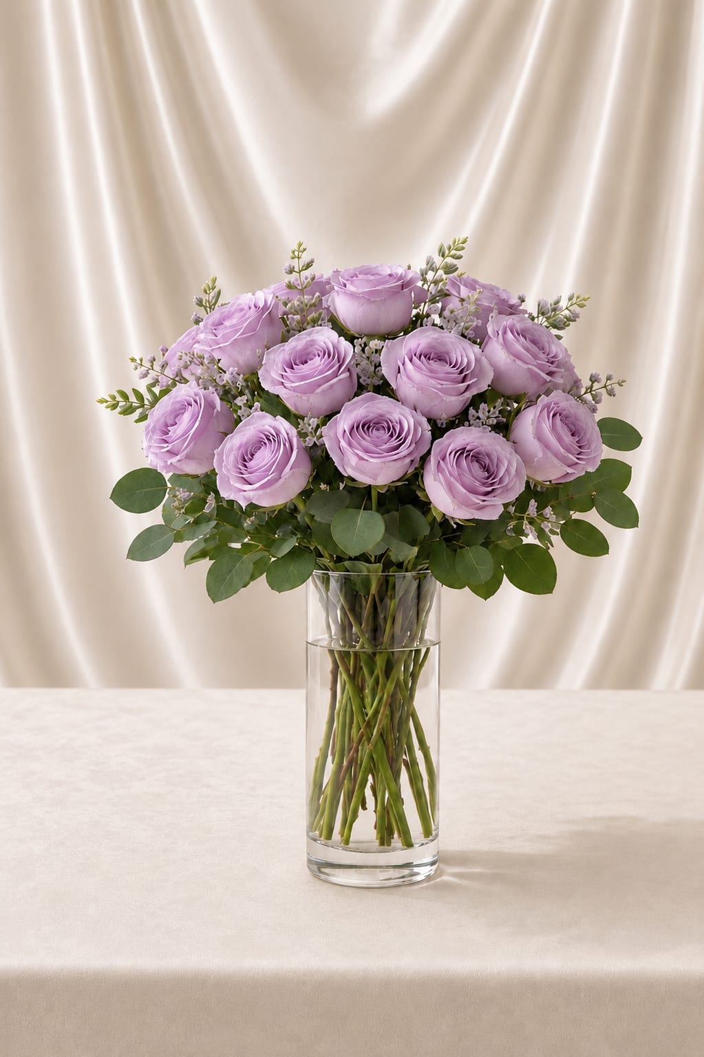 Lavender Rose Elegance - A timeless flower arrangement of twelve beautiful lavender roses, thoughtfully designed in a clear glass vase. Soft, refined, and effortlessly elegant, this piece highlights the natural beauty of each bloom while creating a graceful and calming presence.  Each arrangement is Designer’s Choice, carefully created with fresh seasonal blooms. Flower varieties, vase style, and color tones may vary based on availability while preserving the overall style, palette, and quality.  Perfect for birthdays, anniversaries, thinking of you, sympathy, or celebrating life’s everyday moments with a touch of elegance.  Same day flower delivery available in Southwest Florida, including Naples, Bonita Springs, and Fort Myers Beach. 