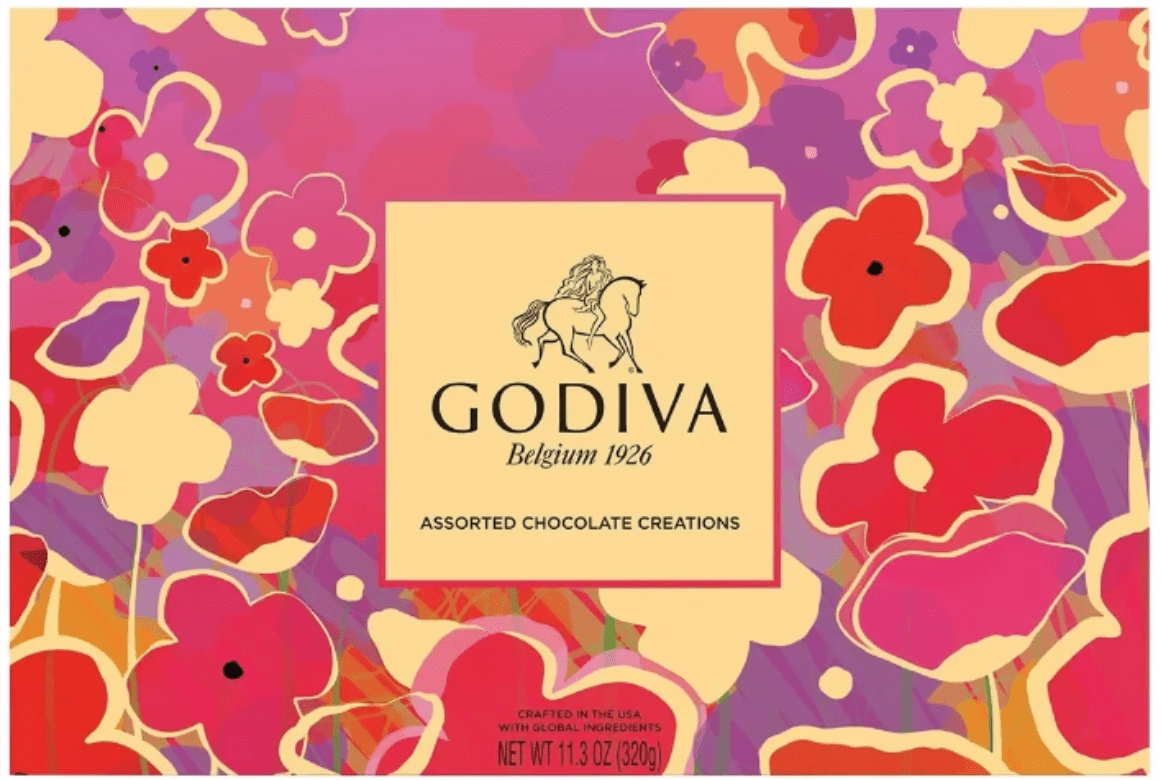 Godiva assorted chocolate box with a colorful floral pattern