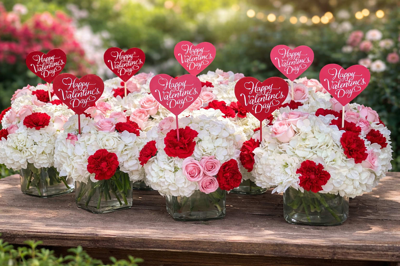 White and pink floral arrangements with red heart Valentine signs in glass vases