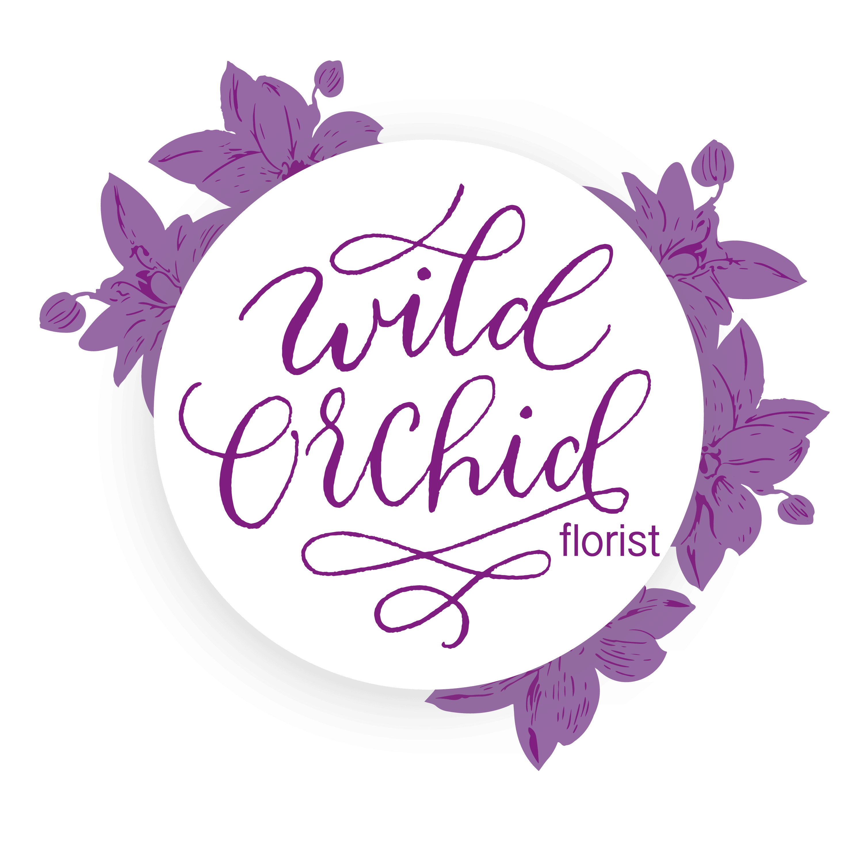 Purple floral logo with the words Wild Orchid florist