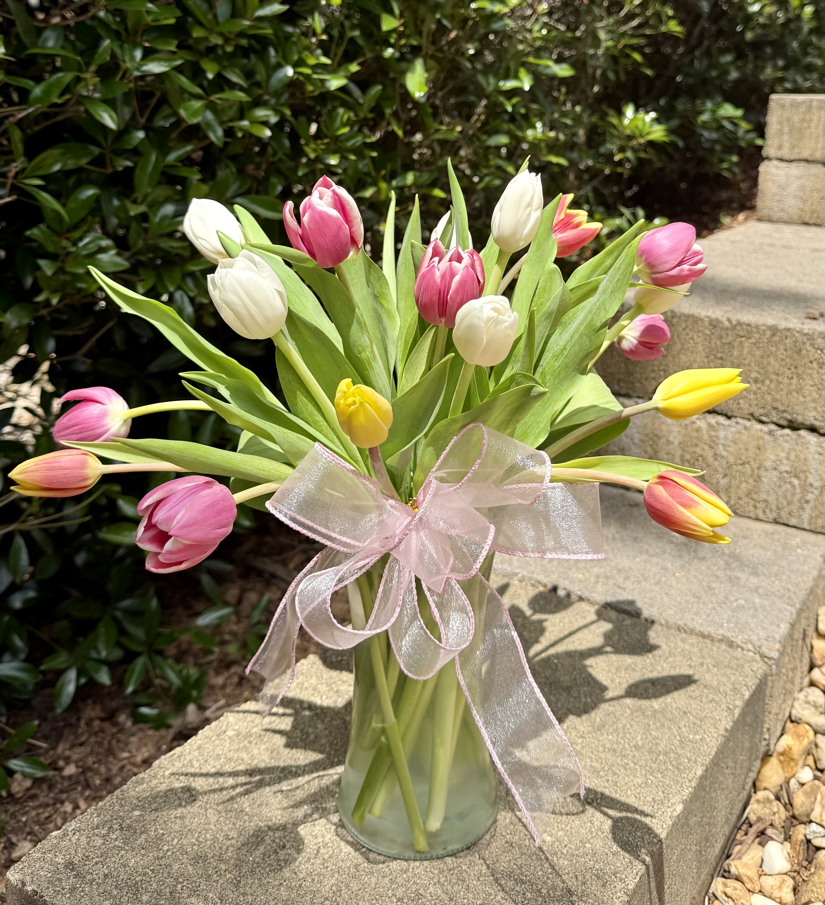 Pastel Tulips - A bouquet of pastel colored tulips arranged in a vase with a light pink bow to tie it all in.