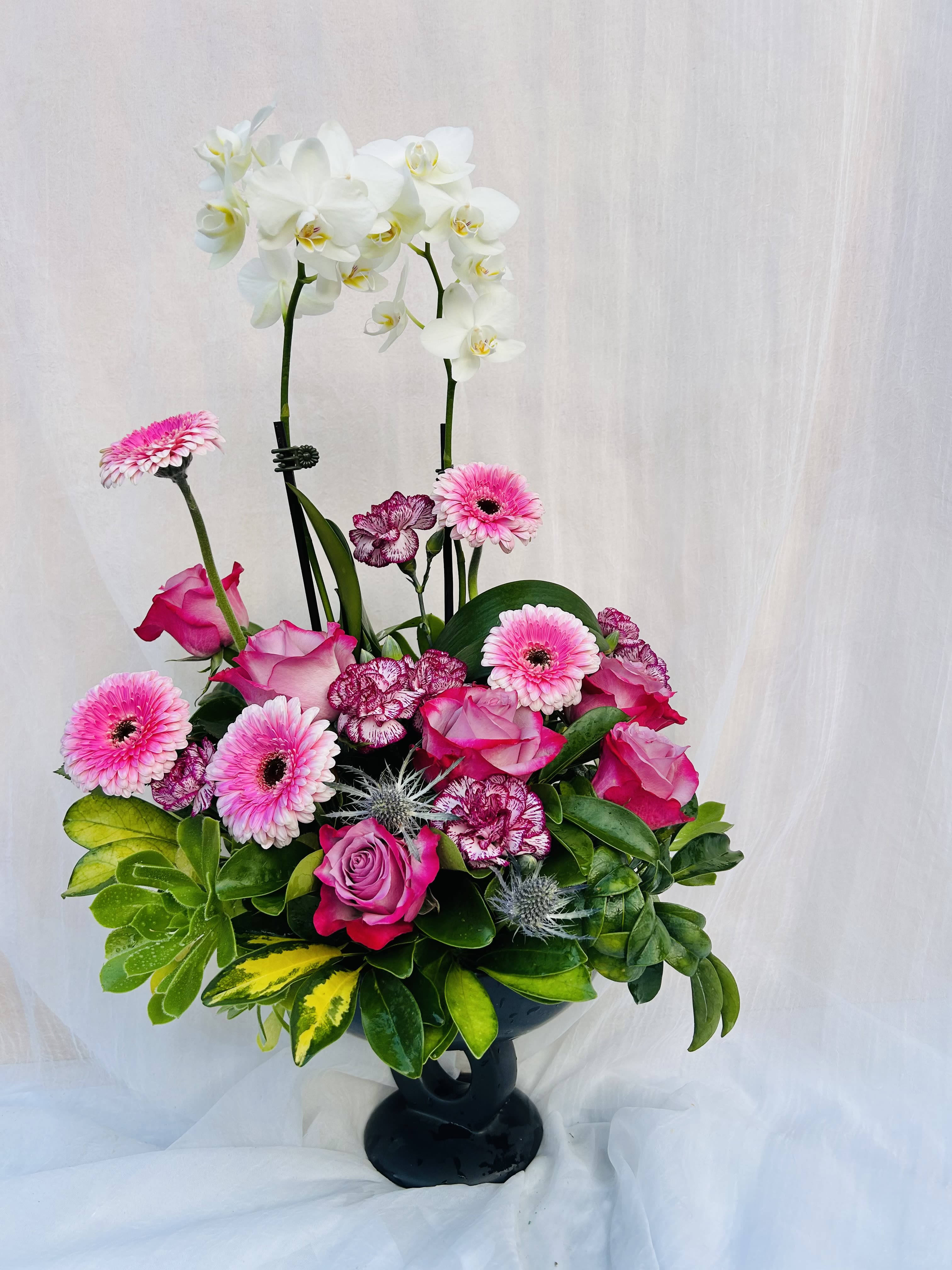 Humming Vibrance - Beautiful arrangement featuring white orchids, fuchsia roses, carnations, pink gerbera daisies, and green accents.