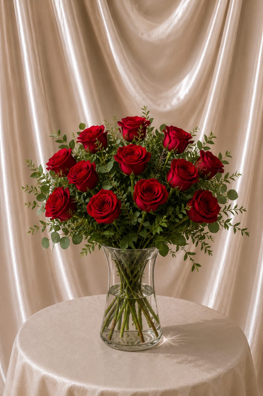 12 Red Roses in Gathering Vase - Classic and timeless floral arrangement designed with 12 premium red roses accented with fresh, natural greenery in a clear gathering glass vase. The visible stems in water create a fresh and elegant presentation inspired by luxury floral boutique styling. Designed with a soft organic shape, this arrangement is perfect for romantic gestures, anniversaries, birthdays, or meaningful celebrations.  Best for: Anniversary, Love &amp; Romance, Birthday, Valentine’s Day, Thinking of You  Flowers and greenery may vary slightly based on seasonal availability while maintaining the overall look, color palette, style, and quality of the arrangement.
