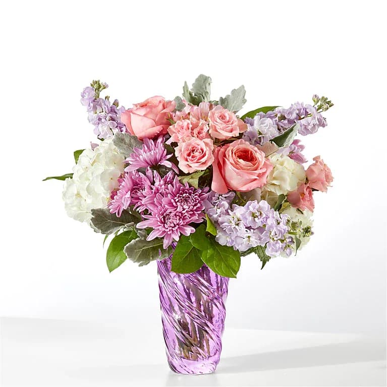 Silver Lining - Optimism and positivity are blooming to life in this gift of soft, pink roses, lavender stock and fragrant, white hydrangea. Whether you are shopping for Mother's Day, spring, an engagement, and just about anything else, our Silver Lining Bouquet will delight.