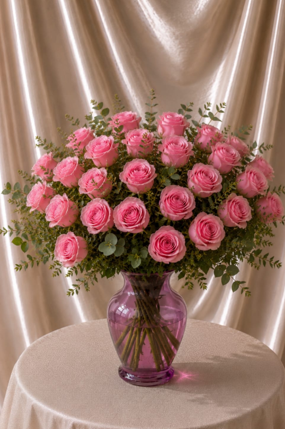 24 Baby Pink Roses in a Pink Vase - A stunning luxury floral arrangement featuring 24 premium baby pink roses thoughtfully designed with fresh, natural greenery in an elegant translucent pink vase. Its abundant, romantic, and sophisticated style creates the perfect floral statement for special celebrations and unforgettable gifting moments. The visible stems in water add a fresh, natural, and highly elegant touch inspired by editorial floral design.  Best for: Mother’s Day, Luxury Gift, Anniversary, Birthday, Romantic Gesture, Special Celebration  Flowers and greenery may vary slightly based on seasonal availability while maintaining the overall look, color palette, style, and quality of the arrangement.