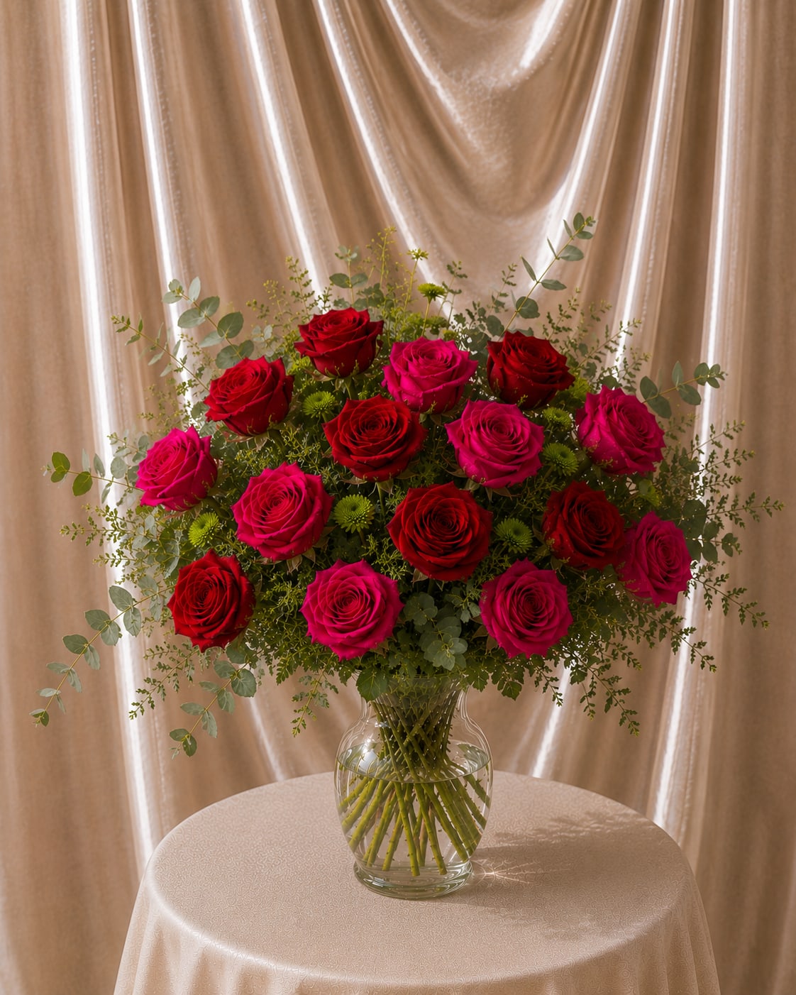 Fuchsia &amp; Red Rose Garden in Clear Vase - A striking floral arrangement designed with 12 premium roses featuring a romantic mix of deep red and vibrant fuchsia roses accented with fresh greenery, eucalyptus, and green button blooms in a modern clear glass vase. Designed with a naturally gathered garden-style look, this arrangement highlights visible stems in water for an elegant and organic floral presentation. Its rich color palette and softly imperfect styling create a luxurious yet fresh design perfect for gifting and special celebrations.  Better For: Mother’s Day, Romantic Gift, Anniversary, Birthday, Luxury Floral Gift, Thinking of You, Special Celebration  Flowers and greenery may vary slightly based on seasonal availability while maintaining the overall look, color palette, style, and quality of the arrangement