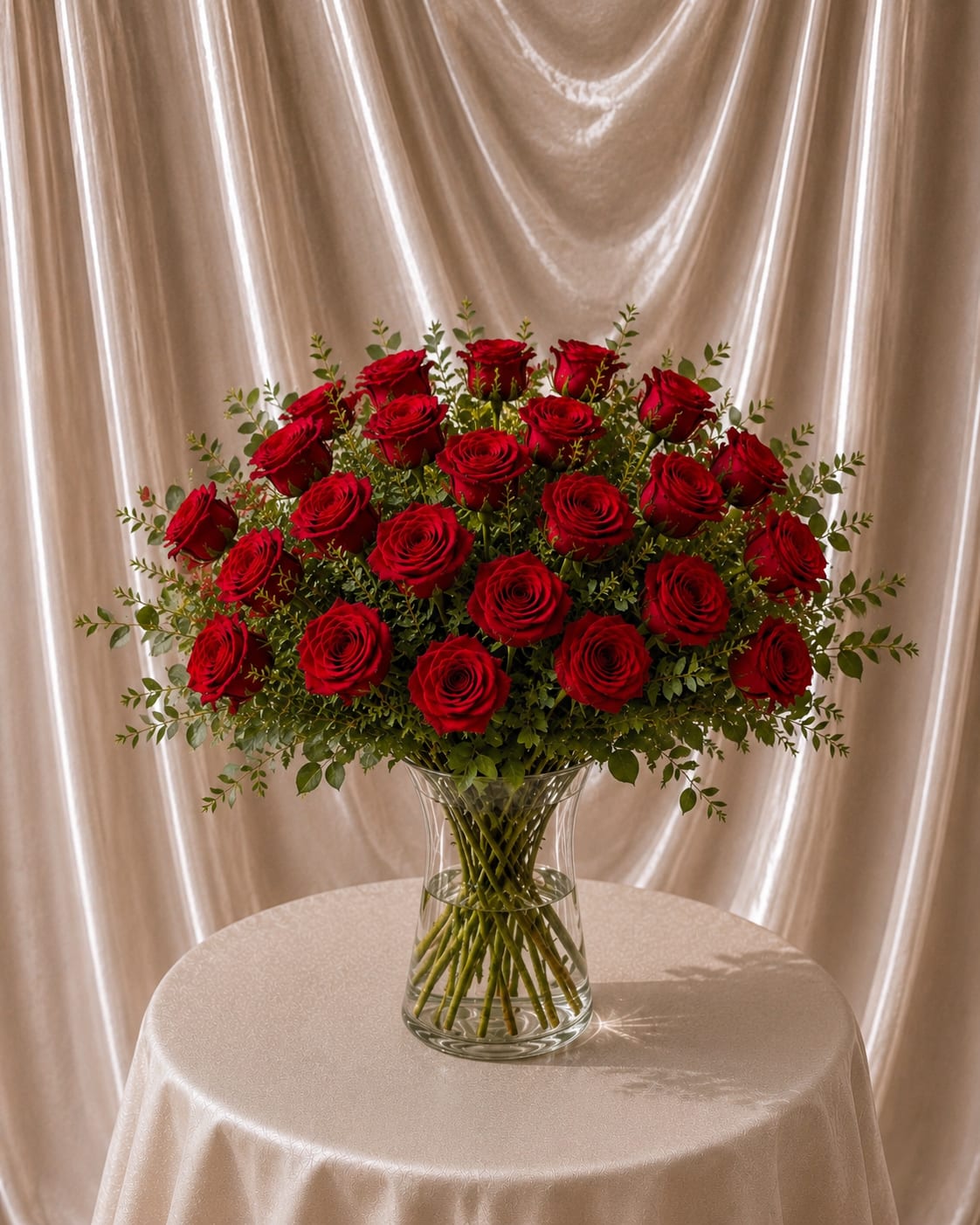 Bouquet of red roses in a clear glass vase