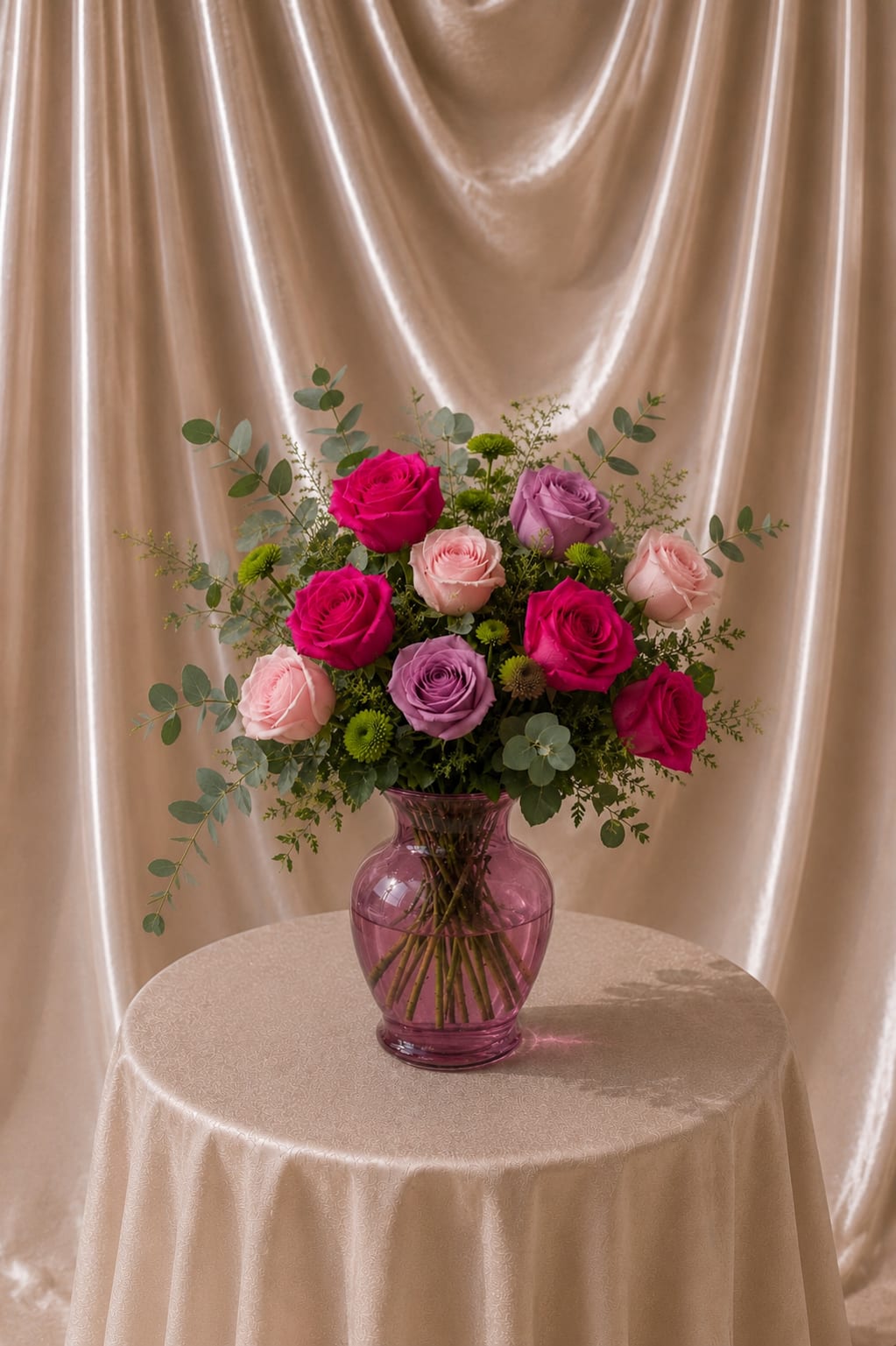 Pink and lavender roses arranged in a purple glass vase