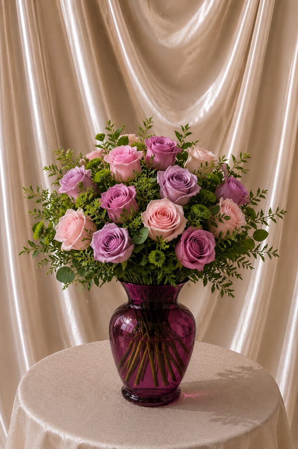 Blushing Lavender Garden Roses - An elegant floral arrangement featuring premium lavender and baby pink roses thoughtfully designed with fresh eucalyptus, airy greenery, and textured green button accents in a soft translucent plum vase. This lush garden-inspired design combines romantic pastel tones with natural movement and visible stems in water for an organic yet refined floral look. Perfectly balanced with soft texture and depth, this arrangement brings a sophisticated statement to any space or celebration.  Best for: Mother’s Day, Birthday Flowers, Anniversary Gift, Elegant Floral Décor, Luxury Gift, Thinking of You  Flowers and greenery may vary slightly based on seasonal availability while maintaining the overall look, color palette, style, and quality of the arrangement.  Same-day flower delivery available in Southwest Florida, including Naples, Bonita Springs, Fort Myers Beach, Estero, and surrounding areas.