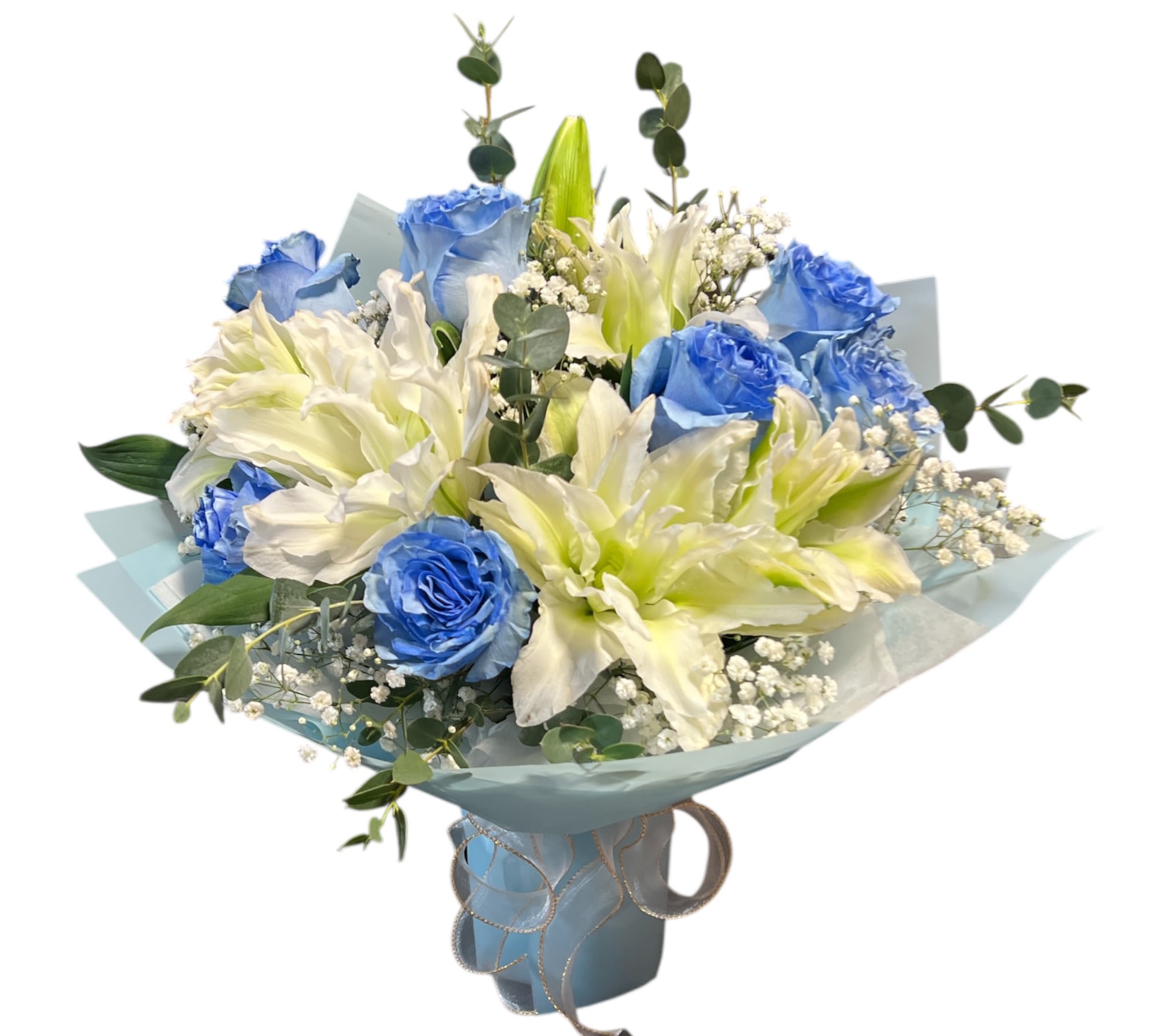 Blue moon  - Blue roses, white lilies, and delicate baby’s breath in romantic hues. No need to unpack the package or any maintenance . Comes with floral foam gives flowers all the nutrition and moisture it needs.