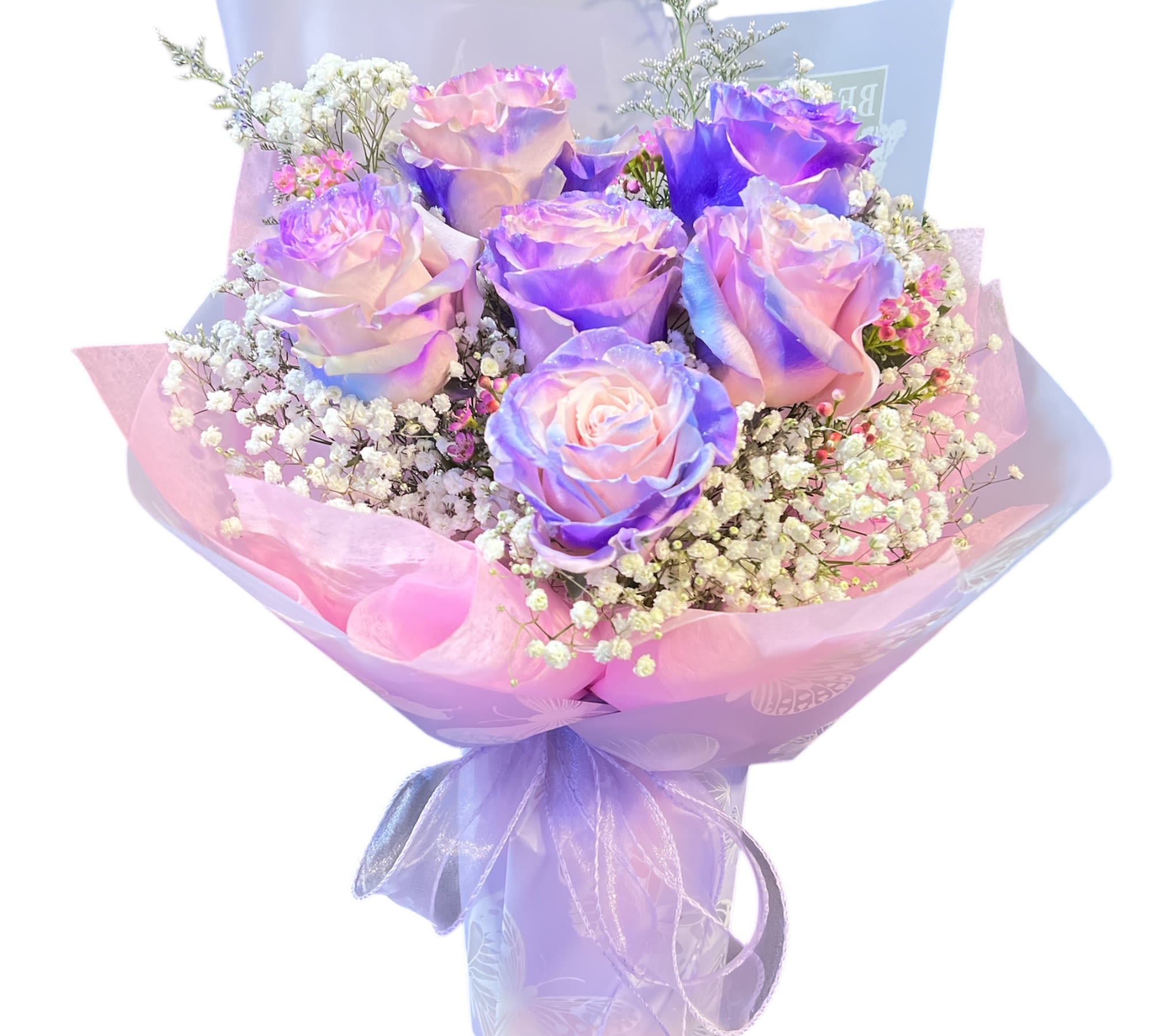 Misty Purple Fairy  - The Purple Fairy bouquet features exquisite misty purple roses and delicate baby's breath, elegantly arranged in purple butterfly warpping.Perfect for any special occasion.