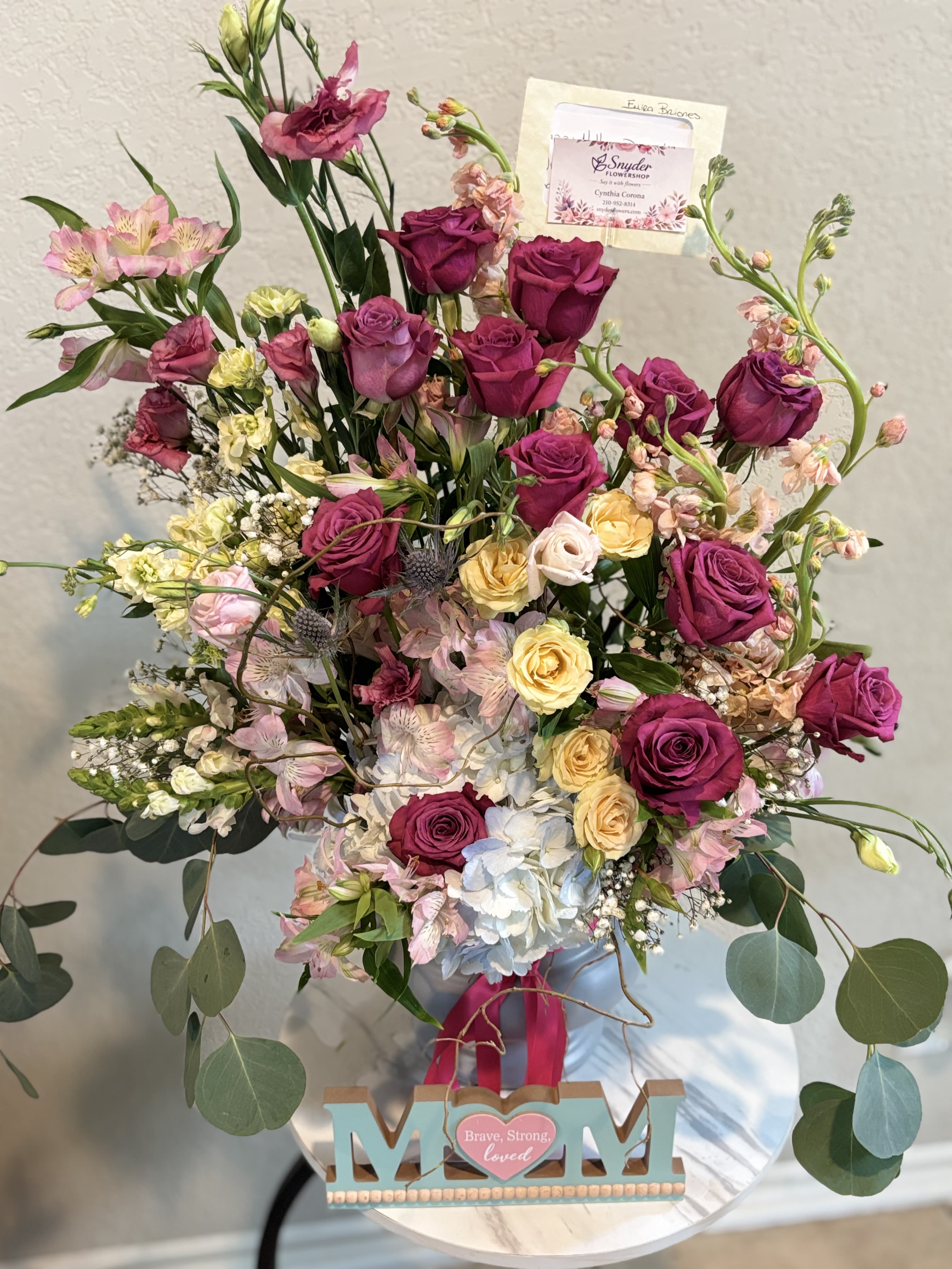 Enchanted Garden for Mom - Luxury Mother’s Day flower arrangement with premium roses, hydrangeas, spray roses, lisianthus, alstroemerias and fresh seasonal flowers handcrafted for elegant flower delivery in San Antonio, TX. Perfect floral design for moms, birthdays, anniversaries and same day flower delivery from Snyder Flower Shop.