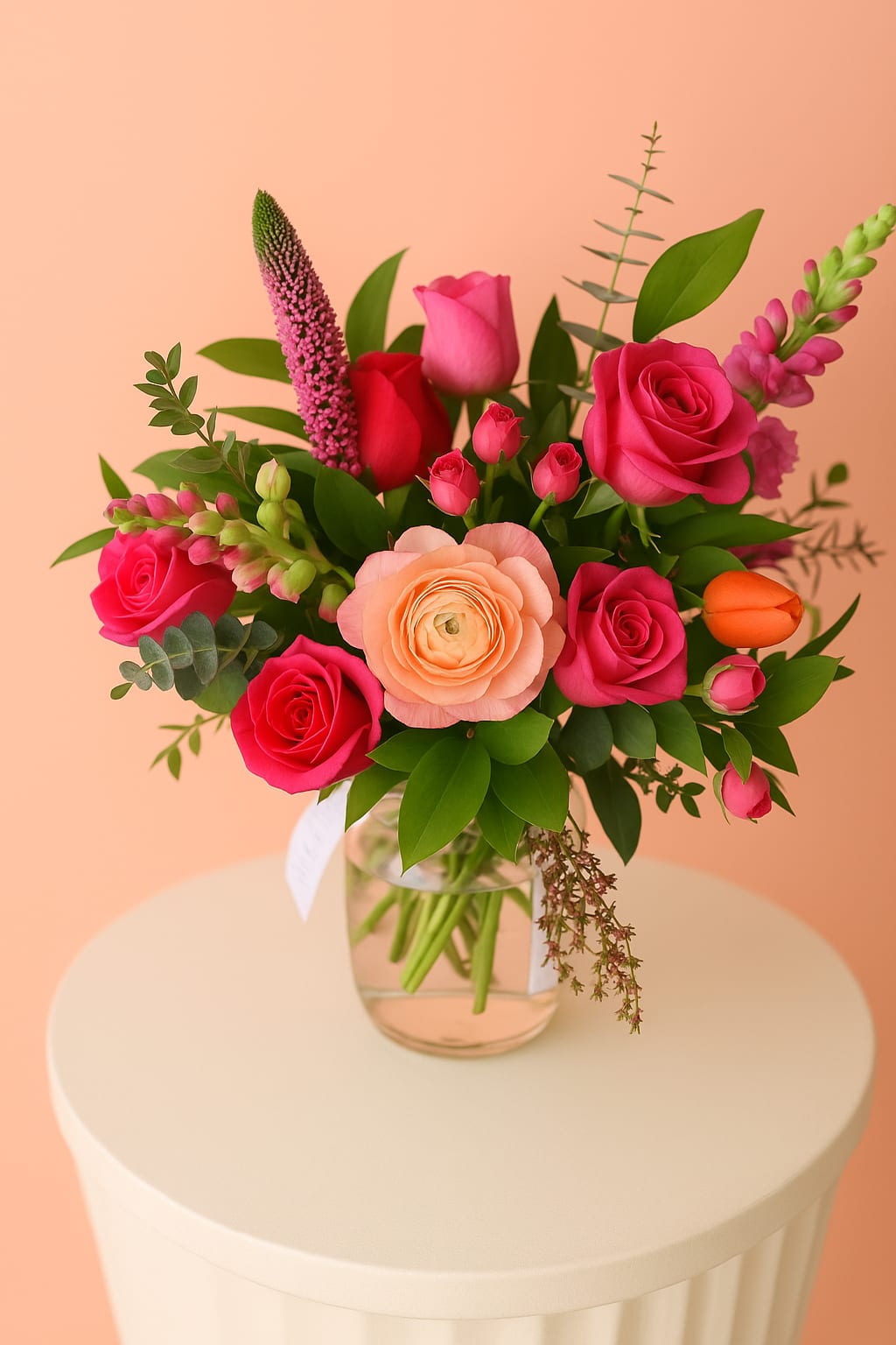 Bouquet of pink and peach roses in a clear glass vase