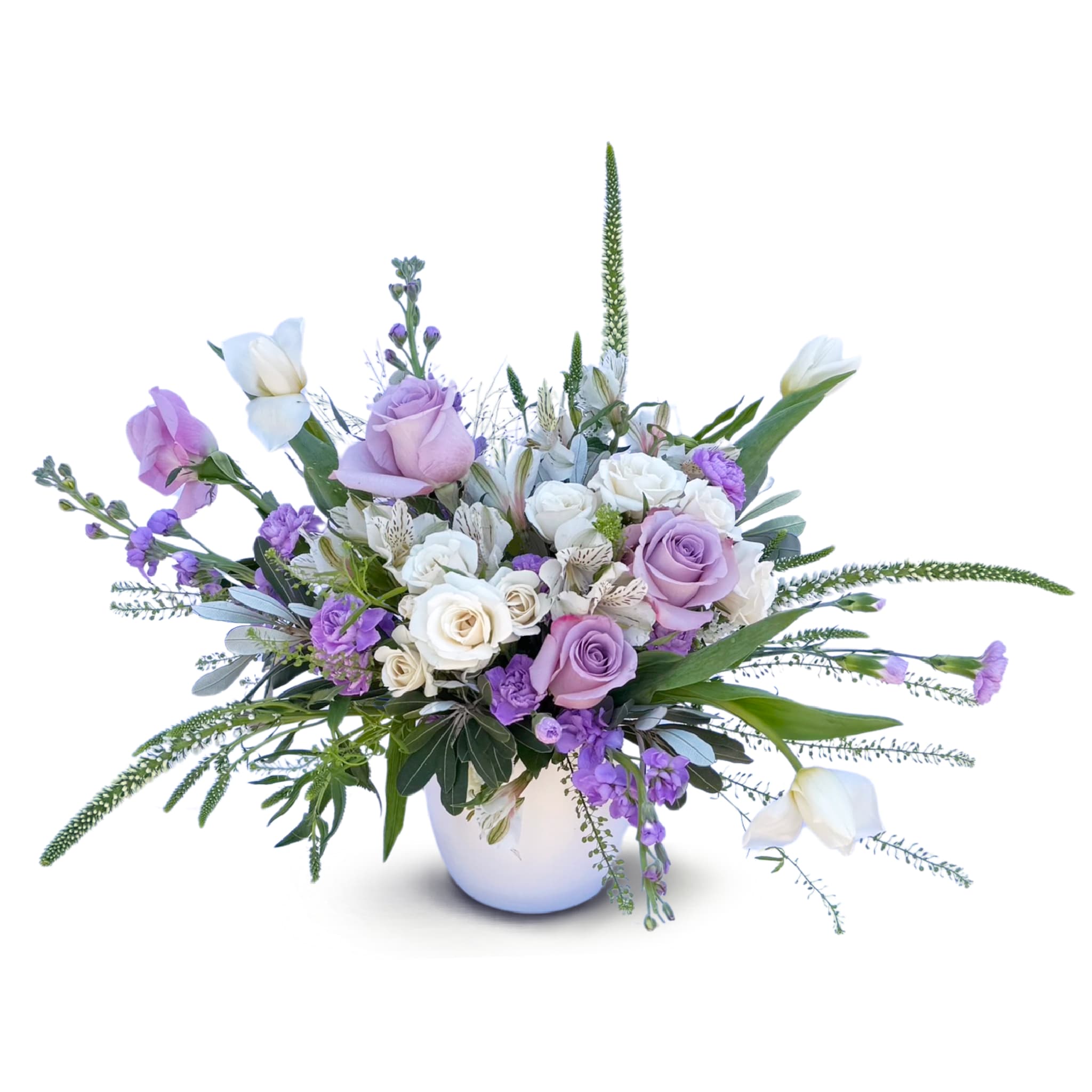 Amethyst Bloom - A collection of roses, Spring roses, lateral tulips, veronica, alstroemerias, mini carnations, and stock flower with a delightfully sweet smell.