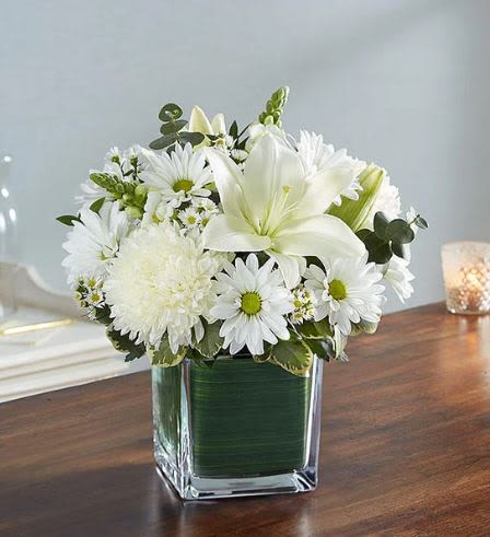 Healing Tears All White Flower - Pet Friendly? No This arrangement is dangerous for household pets, specifically cats. Lilies are highly toxic to felines and can cause kidney failure even in small amounts.  Eucalyptus and Daisies are also irritants to both dogs and cats.   Keep out of reach; avoid homes with curious cats.  Human Allergy Note : This arrangement contains pollen-heavy Lilies and Daisy Poms. If someone in the home has hay fever, consider gently removing the orange anthers from the center of the lilies as they open. Keep the bouquet in a well-ventilated area away from bedding.   Care &amp; Longevity : To keep your blooms fresh, check the water level daily and top off the glass cube with cool, clean water. Every few days, carefully remove the stems to trim a half-inch off the bottom at an angle and clean the vase. Keep the arrangement away from direct sunlight, heat sources, and drafts.    Best Occasions &amp; Situations : - Celebration of life - Thinking of you during loss - Formal anniversary gift - Elegant home centerpiece - Get well wishes for a peaceful recovery  Why Customers Love It : - Serene Color Palette: The all-white theme offers a sense of purity and peace. - Modern Container: The glass cube with the leaf wrap provides a clean, contemporary look. - Textural Variety: A beautiful mix of spiky snapdragons, soft roses, and star-like lilies. - Gift-Ready: Arrives fully arranged and hydrated in a stable, weighted vase. 