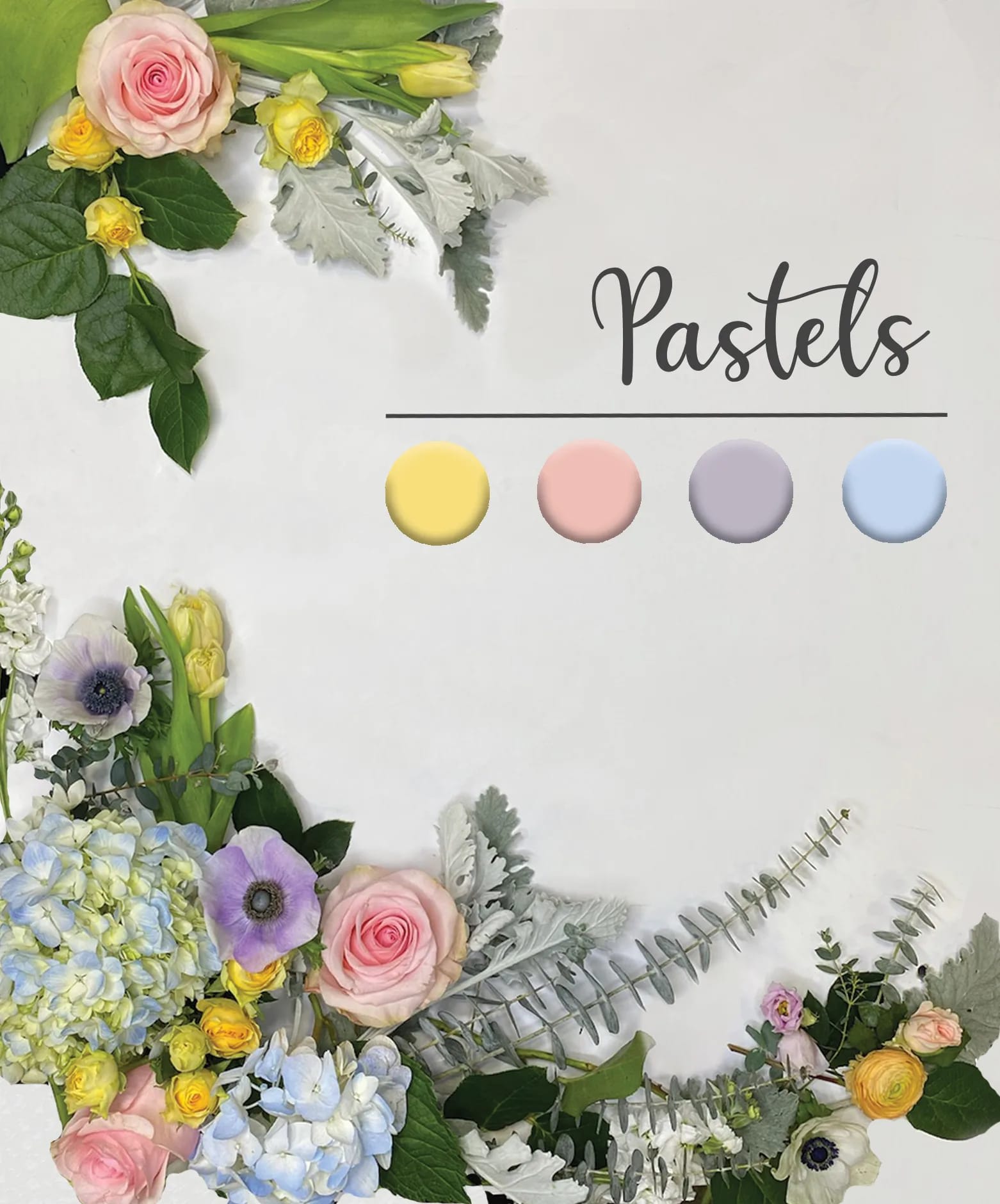Pastel flowers arranged around the edges of a white background with the word 'Pastels' and four color dots.
