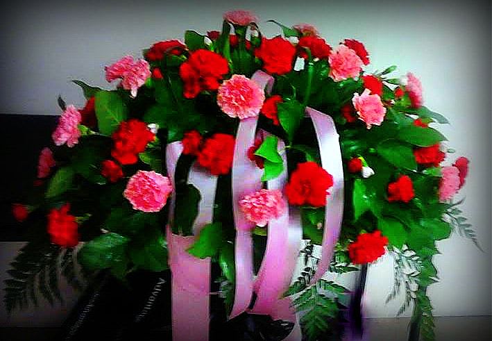 Red and pink carnation arrangement with long pink ribbons