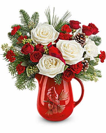 Red and white roses arranged in a red pitcher with pine accents