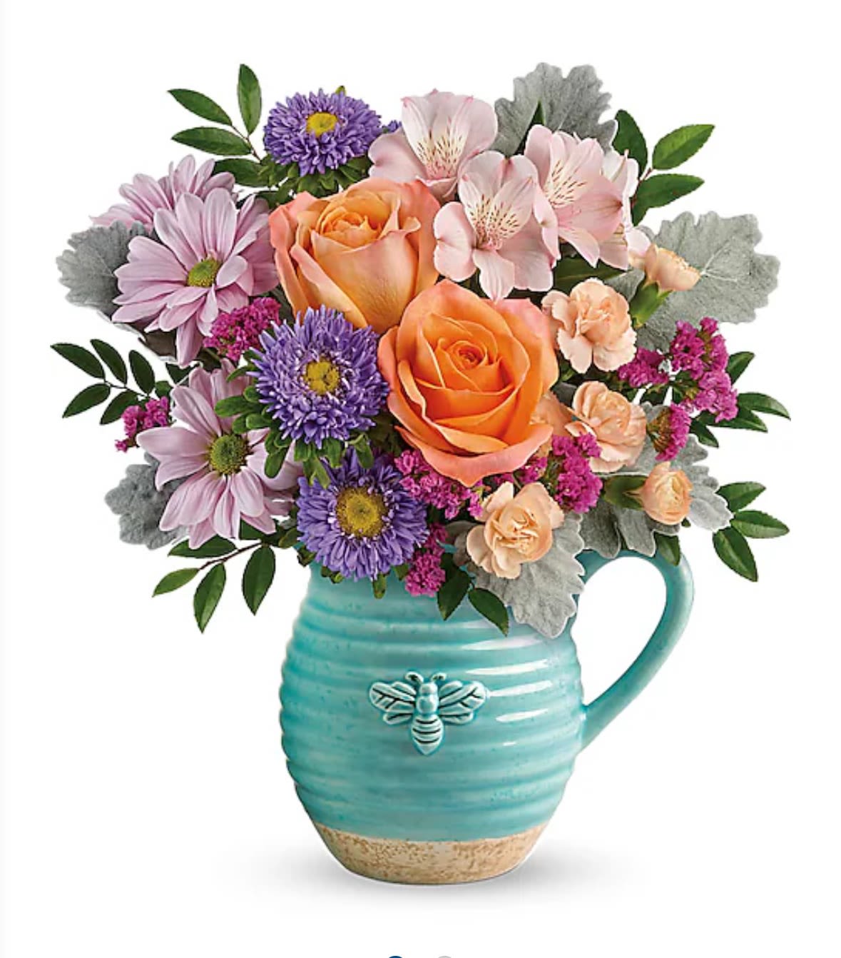  busy bee  - presented in a pitcher with a small bee on the front, this arrangement has lavender and peach flowers